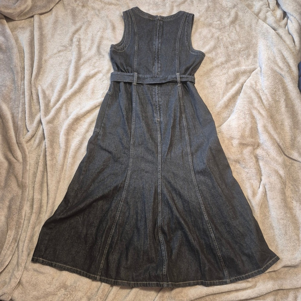 Sundance Womens Black Denim Midi Dress Size 12 Sleeveless V-Neck Belted A-Line - Picture 2 of 4